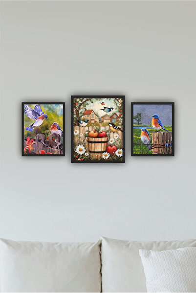 Mr Home Vintage Kuşlar - 3 Parça MDF Duvar Tablo Seti - Salon, Mutfak, Oturma...