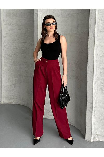 FERZOLAİO Gold Buttoned High Waist Burgundy Palazzo Trousers