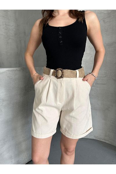 FERZOLAİO Ecru Shorts with Straw Belt