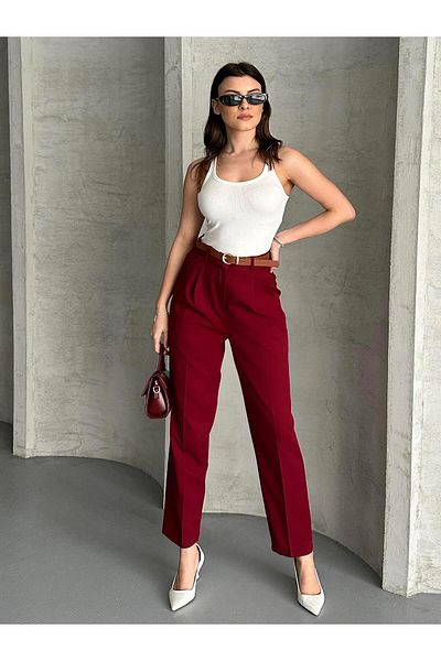 FERZOLAİO Belted Carrot Leg Claret Red Trousers