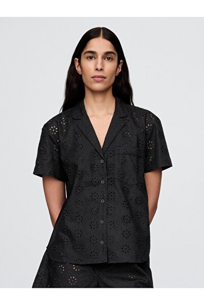 GAP Kadın Siyah Eyelet Poplin Pijama Üstü