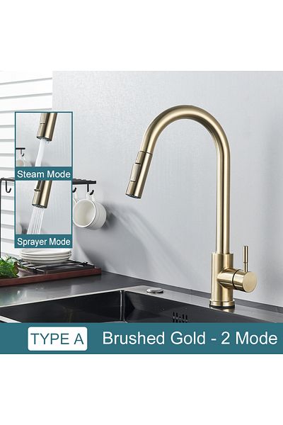 MYQualife Brushed Gold Black Kitchen Faucet Two Function Single Handle Pull Out Mixer Hot and Cold Water Taps