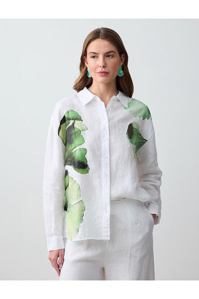 Jimmy Key White Floral Patterned Long Sleeve Linen Shirt