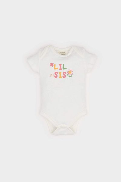 DeFacto Baby Girl Newborn Crew Neck Printed Ribbed Short Sleeve Snap Body E8244A525Sm