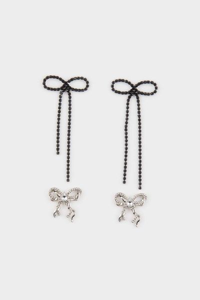 DeFacto Women's 2-Piece Ribbon Black Silver Earrings E6735Axns