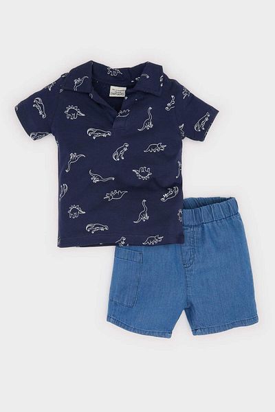 DeFacto 2-teiliges Set für Babys, Jungen, Hemden mit Dinosauriermuster, kurze Jeansshorts mit elastischem Bund, unten E8174a525sm