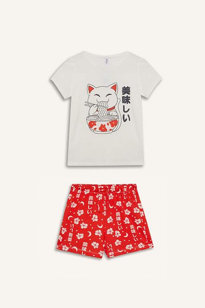 DeFacto Girls Pajama Set - Printed Short Sleeve Top Patterned Shorts E0530A825Hs