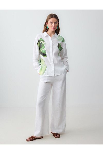 Jimmy Key White Floral Patterned Long Sleeve Linen Shirt