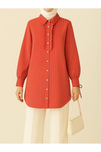Modamorfo Lace-Up Front Ruffled Striped Shirt Tunic - Pomegranate Flower