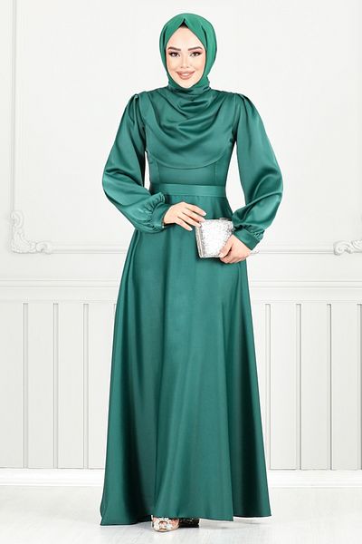 ModaMerve Belted Satin Evening Dress 5681End900-M Emerald