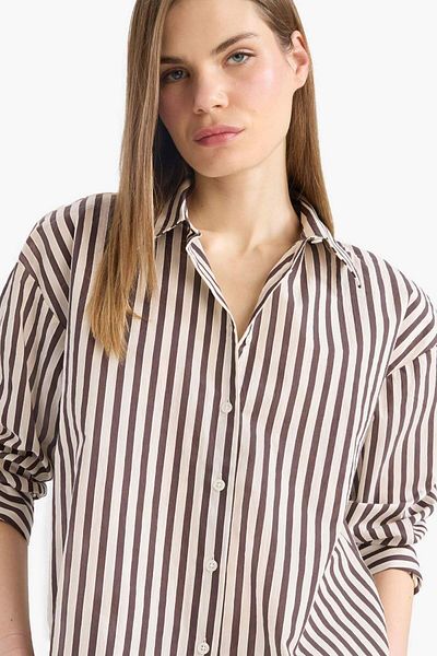 DeFacto Koszula Afra X Loose Fit z długim rękawem w paski z popeliny F0403ax25sm