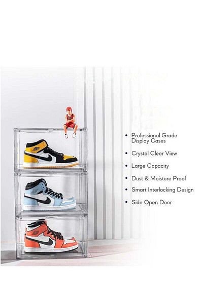 COOYA 3PCS Acrylic Clear Shoe Display Boxes, with side opening doors, Stackable, Organizer for home