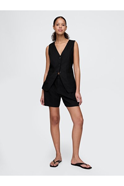 GAP Kadın Siyah High Rise Keten Karışımlı Şort