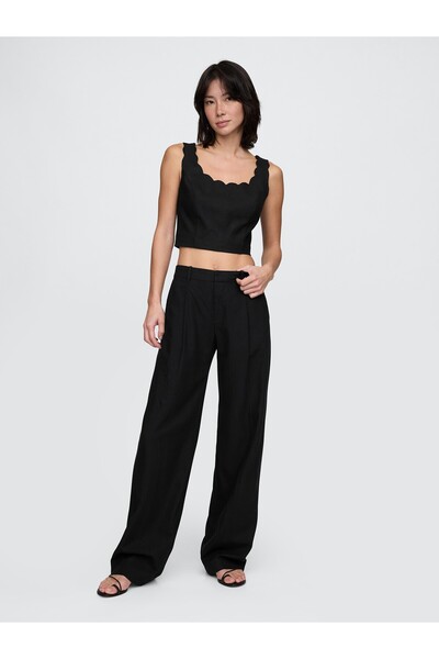 GAP Kadın Siyah Keten Karışımlı Crop Askılı Bluz