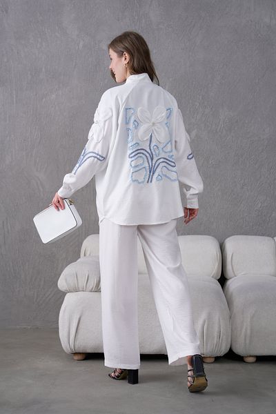 Miss Allos Set de jachetă și pantaloni kimono din in, cu broderie pe spate și mâneci, accesorii florale