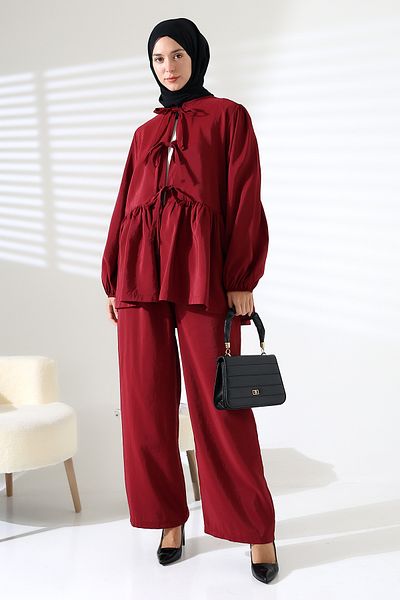 Mihran Butik Γυναικείο 100% βαμβακερό μπορντό πουκάμισο και παντελόνι Hijab