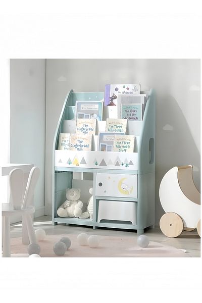 COOYA 6-layer multifunctional children's cartoon bookshelf,durable,easy to clean,with storage stool,green