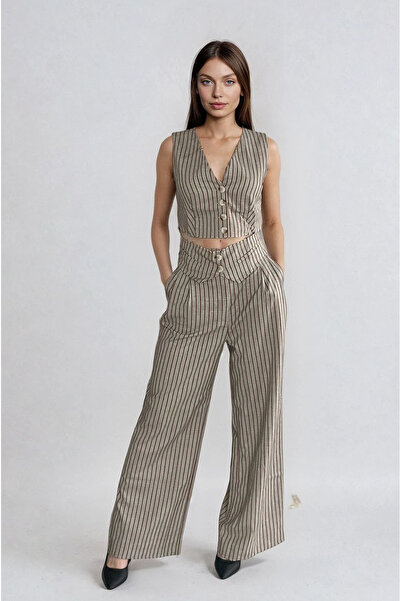 Ms Iconic Store Çizgili Palazzo Pantolon – Yelek Alt Üst Takım