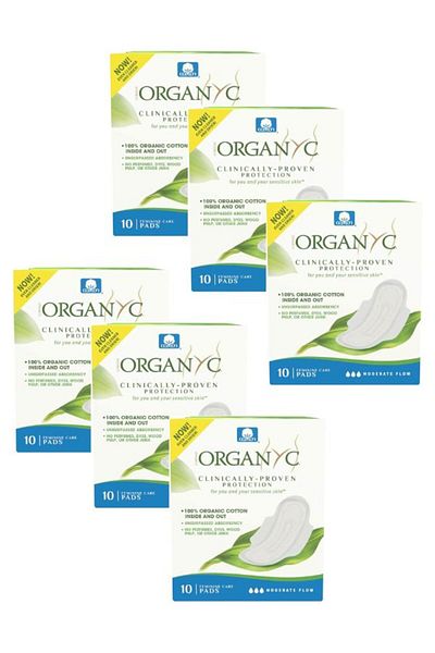 Organyc Feminine Pads with Wings, Sanitary Napkin for Women, Moderate Flow, 6 Packs of 10 (Total 60 Pieces)