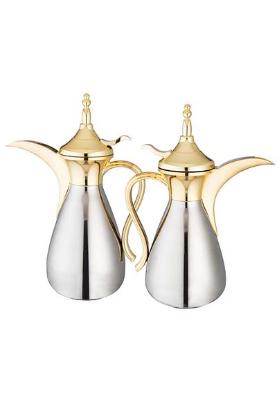 ALSAIF Dallah Plus Thermos Set, 2 Pieces, Silver and Gold, 0.75 L, 1 L