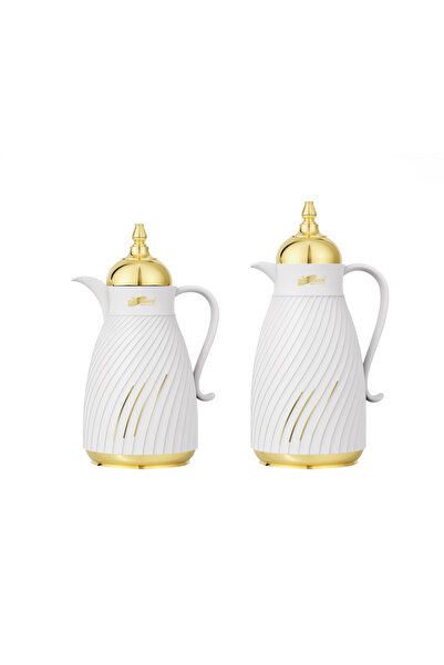 ABAREEK طقم قارورة شاي/قهوة مكون من قطعتين بسعة 1 لتر و1.3 لتر، أبيض/ذهبي