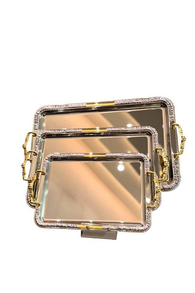 aljahwari 3-Piece Silver Serving Tray Set with Gold Handle