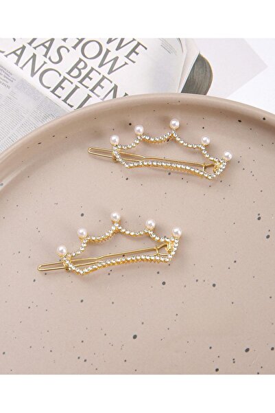 REBORN DESIGN مشبك جانبي نسائي معدني على شكل تاج الملكة باللون الذهبي مع حجر الزركون واللؤلؤ