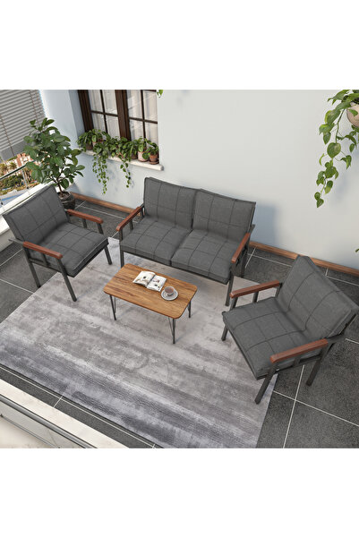 Mygusi " Modern'' Serisi Balkon, Bahçe, Cafe - Metal Kanepe Koltuk Takımı - 2 1 1 - Sehpalı Koyu Gri