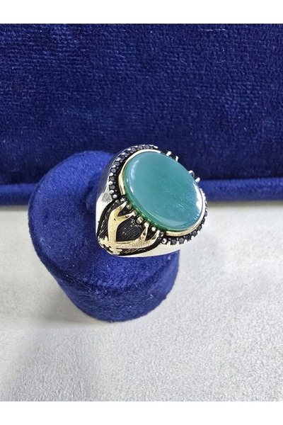 HAN GÜMÜŞ YEŞİL AKİK TAŞI ZÜLFİKAR DETAYLI ERKEK YÜZÜK , 925 AYAR GÜMÜŞ
