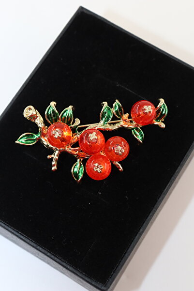 KEEBA Sonbaharın en tatlısı Cennet hurması broş gold dallı yeşil yapraklı erk...