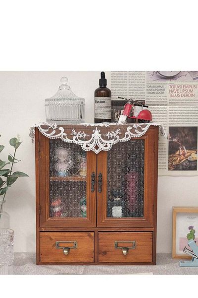 COOYA Wooden tabletop storage display cabinet,vintage style,with 2 floral glass doors and 2 drawers,brown