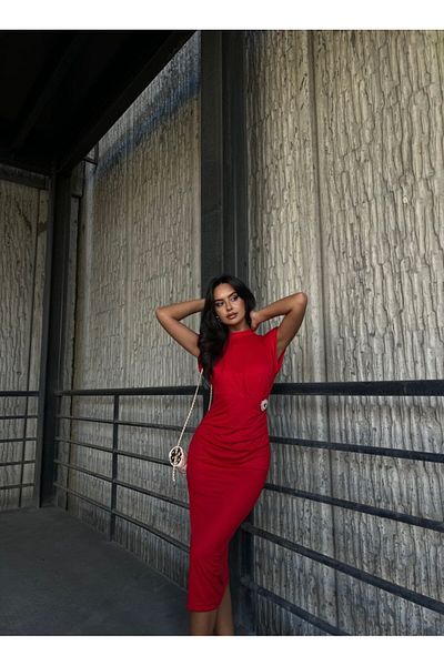 modaserdem Women's Padded Brooch Detail Short Sleeve Midi Night-Graduation-Wedding-Evening Dress