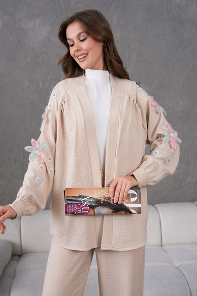 Miss Allos Women's Back and Sleeves Embroidery Tulle Flower Processing Stone Detailed Linen Kimono Jacket Pants Bottom Top Set