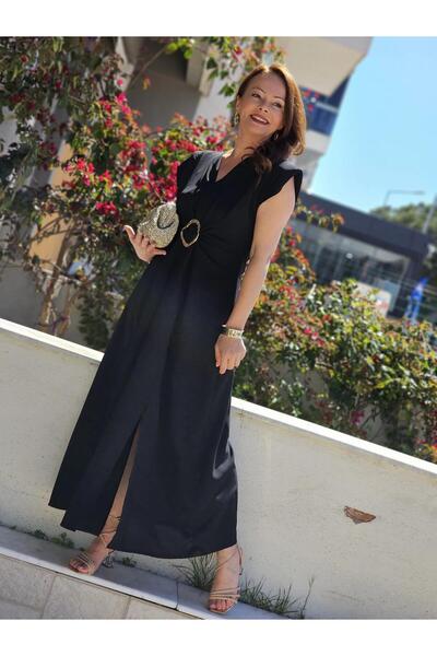 Felix Butik FELİX13514 V Yaka Vatkalı Bel Tokalı Siyah Elbise