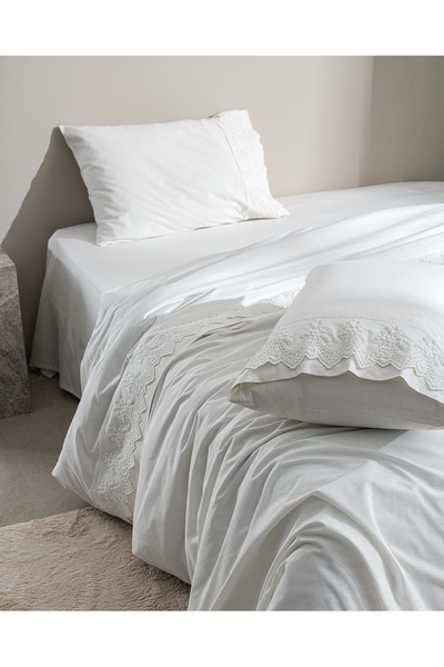 Madame Coco Modena Double 100% Cotton Embroidered Duvet Cover Set - White