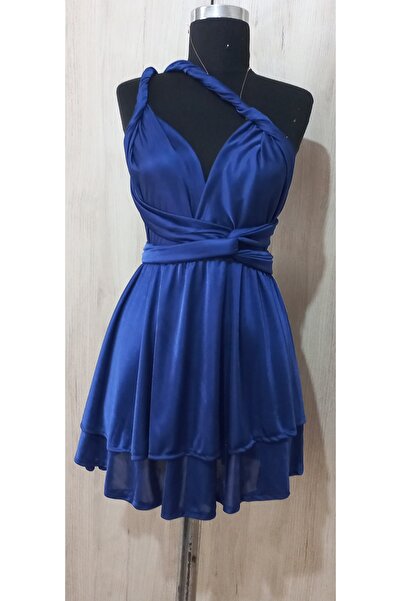 AMORE PASSİON Farklı baglamalı çan etekli parlement mavisi sendiy kumaş mezuniyet abiye elbise