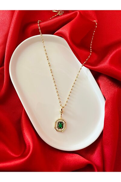 Butik Zirkon Taşlı Zümrüt Serenay Gold Çelik Kolye