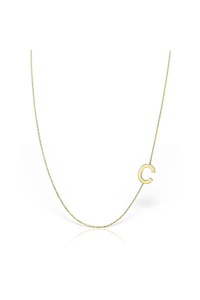 Minimal Kolye 14 Ayar Altın Harf Kolye 1 cm Yan Harf Figürlü Forse Zincir, Tü...