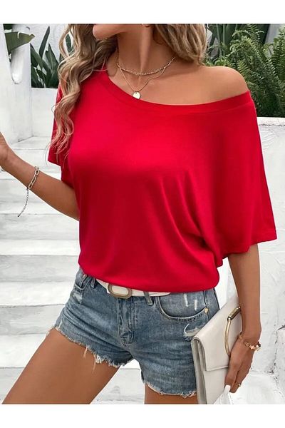 Modayakamoz New Season Women's One Shoulder Open Short Sleeve Loose Viscose Blouse