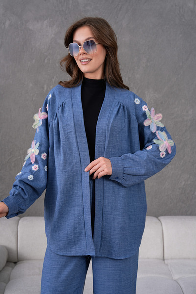 Miss Allos Жіноча спина і рукави вишивка тюль квіткова вишивка камінь детальний льон кімоно куртка штани верхній і нижній комплект