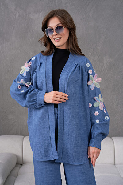 Miss Allos Жіноча спина і рукави вишивка тюль квіткова вишивка камінь детальний льон кімоно куртка штани верхній і нижній комплект