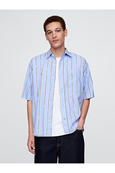 GAP Erkek Mavi Keten Karışımlı Desenli Gömlek