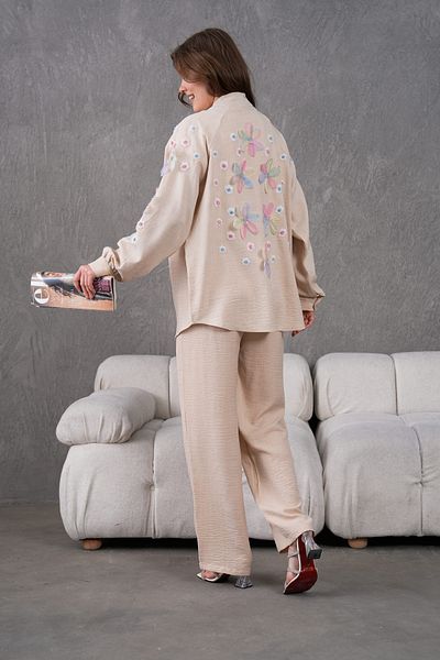 Miss Allos Women's Back and Sleeves Embroidery Tulle Flower Processing Stone Detailed Linen Kimono Jacket Pants Bottom Top Set