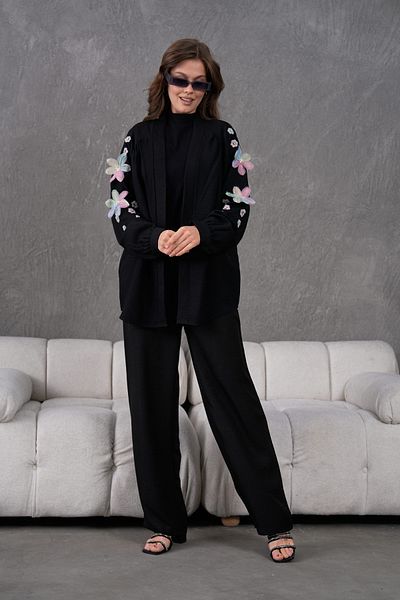 Miss Allos Set de jachetă kimono din in, broderie pe spate și mâneci pentru femei, broderie florală din tul, cu detalii de piatră