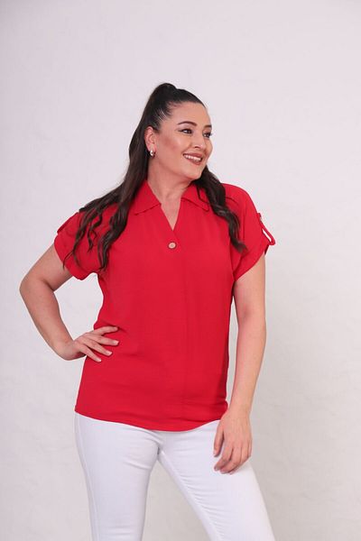 tarzımsüper Women's Plus Size Polo Neck Sleeve Part Buttoned Shirt Blouse