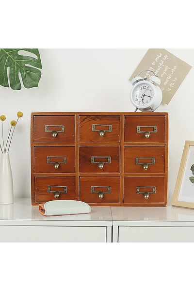 COOYA Vintage wooden desktop storage box,9 drawers,with handles,partition design,sturdy and durable,brown
