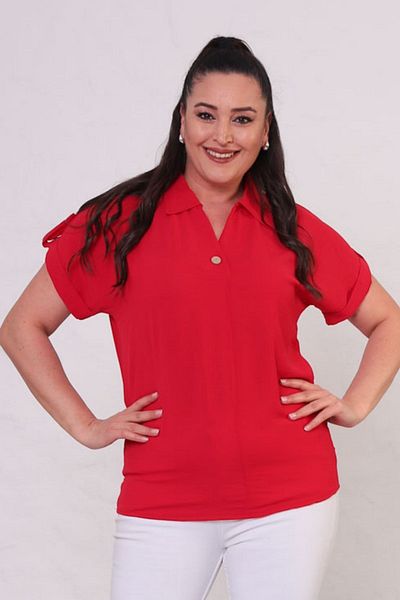 tarzımsüper Women's Plus Size Polo Neck Sleeve Part Buttoned Shirt Blouse