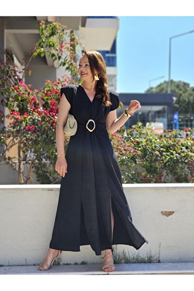 Felix Butik FELİX13514 V Yaka Vatkalı Bel Tokalı Siyah Elbise