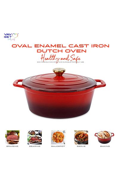 VAV GET Enameled Cast Iron Oval Casserole Dish With Lid - 4.25 Quart Enamel Oval Cookware Pot