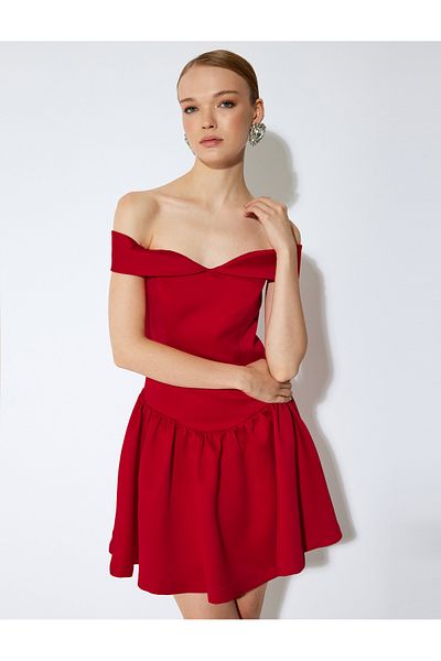 Koton X Sibil Çetinkaya - Satin Sweetheart Neck Off-The-Shoulder Mini Balloon Dress